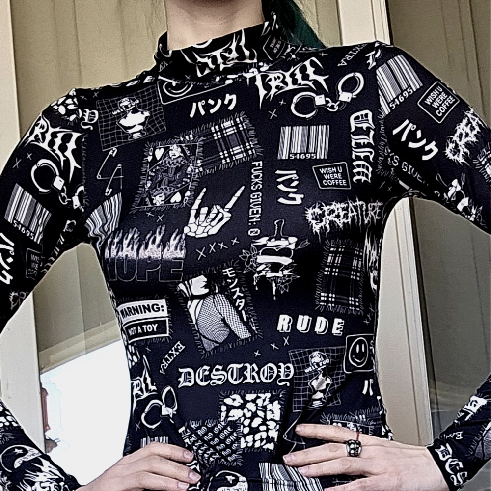 🕷✂️ Grunge Black Edgy Punk Rave Bodycon W White Print Turtleneck S 🕷✂️